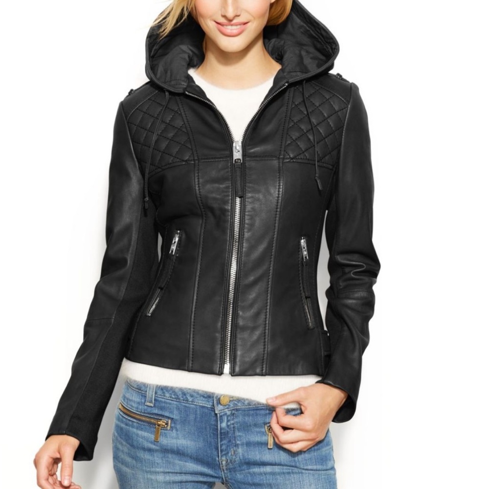 Michael Michael Kors Hooded Leather Motorcycle Jacket - Picture 7 of 7